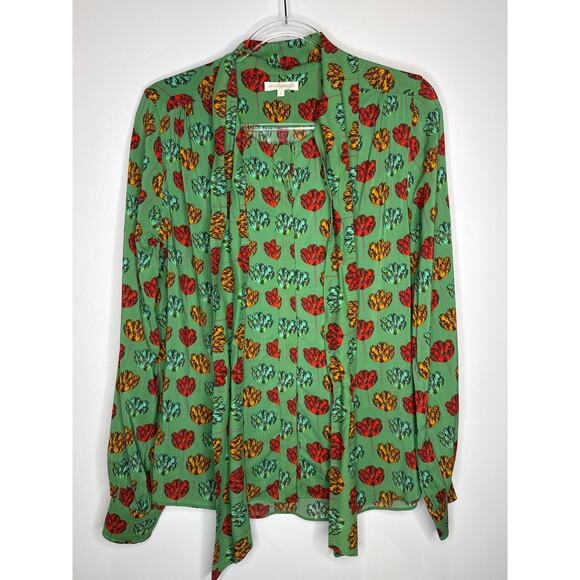 2010s Ann Mashburn Green Floral Printed Bow Blouse size  Small - Picture 10 of 15